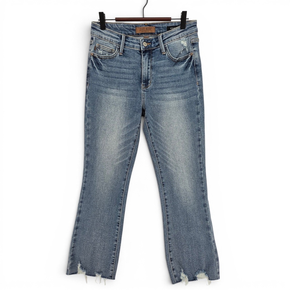 Judy Blue Kick Flare Jeans 5/27 High Rise Raw Hem Distressed Stretch Crop